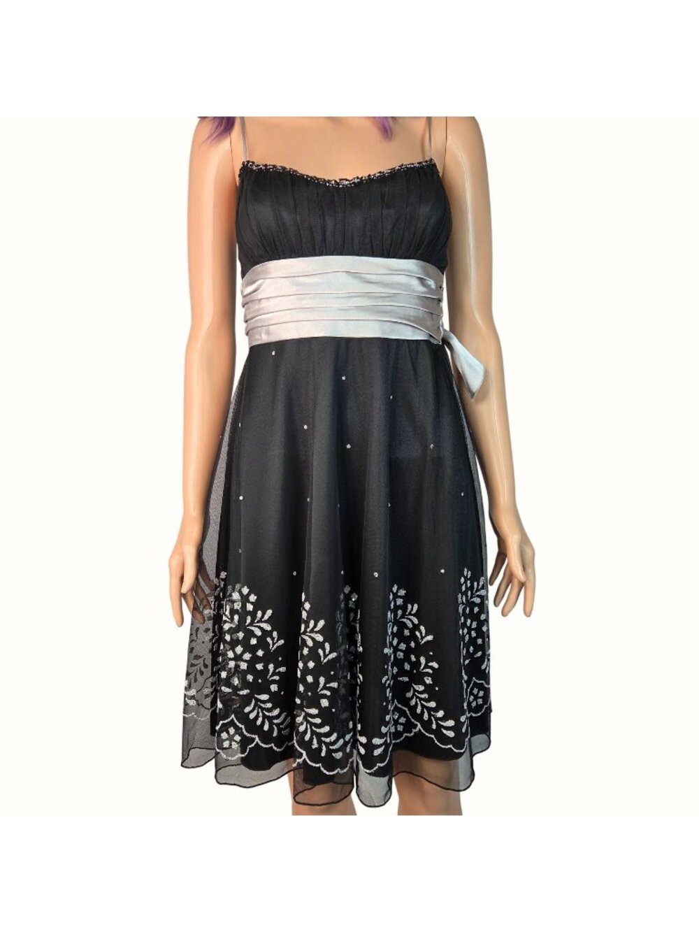 Teeze Me Black & Gray Sleeveless Dress With Embroidered Floral Pattern & Sash Be